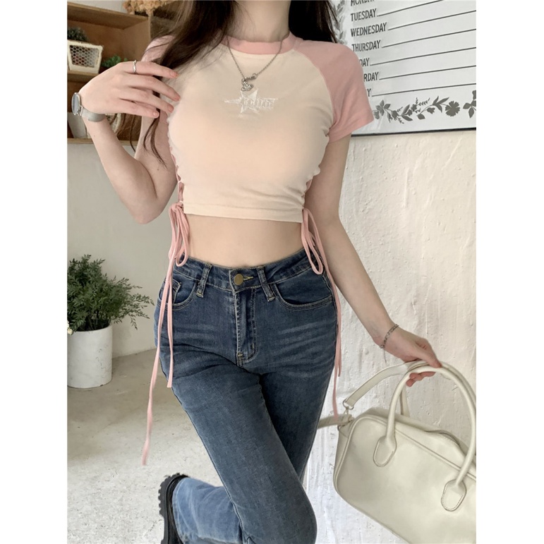 Áo baby tee Thun croptop Lửng Ngắn Tay Thắt Dây Eo Màu Sắc Tương Phản Dành Cho Nữ