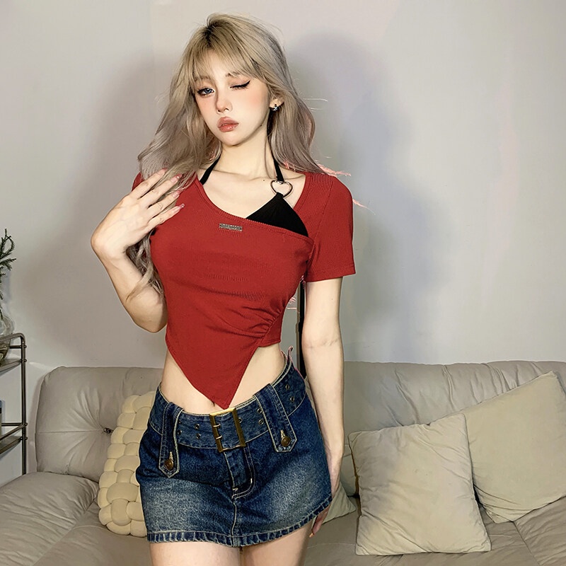 Kliou Áo Croptop Tay Ngắn Cổ Yếm Màu Hồng Dễ Thương Phong Cách Hàn Quốc Thời Trang Mùa Hè 2023