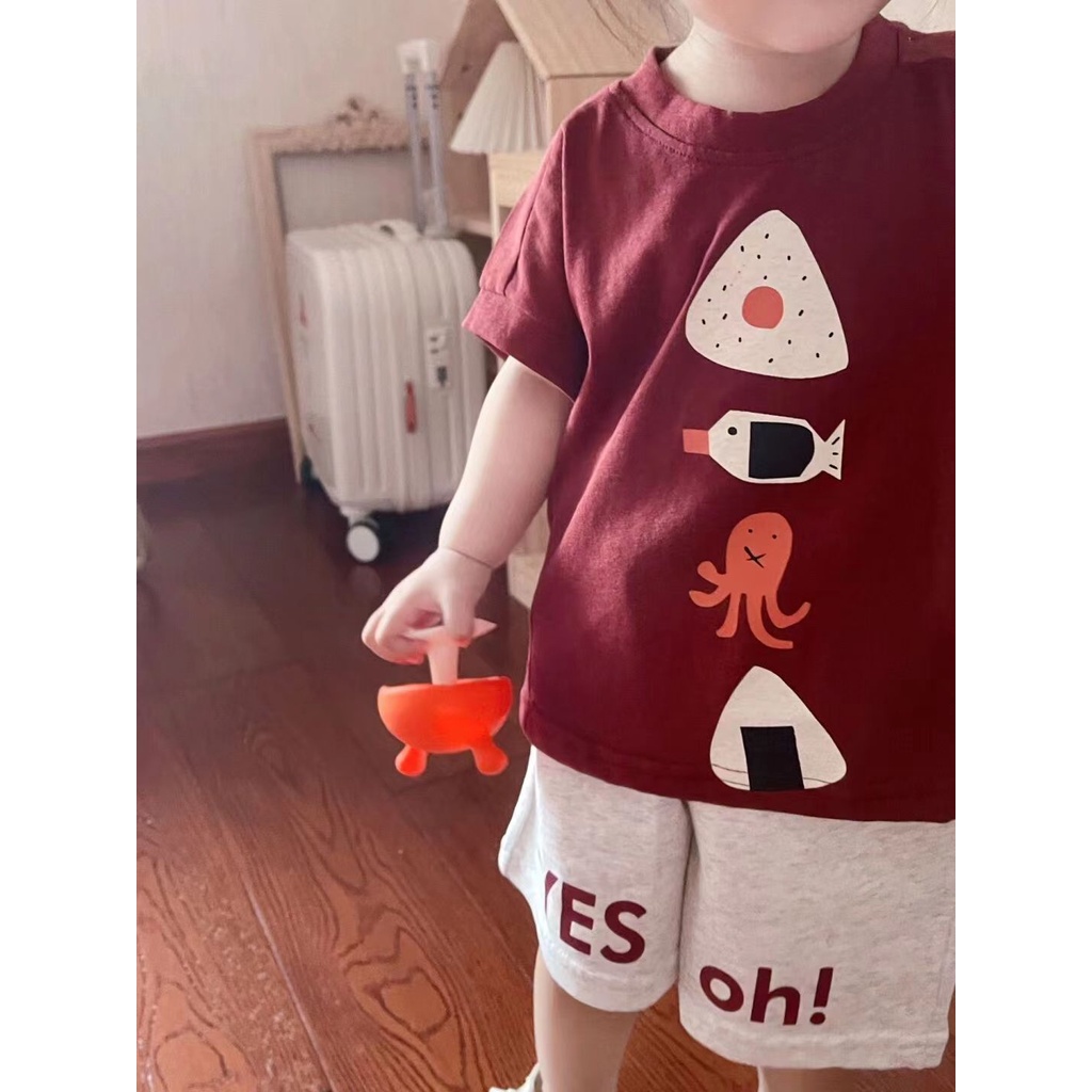Set Áo Thun Tay Ngắn + Quần Short In Họa Tiết Vui Nhộn Phong Cách Hàn Quốc Mới Cho Bé