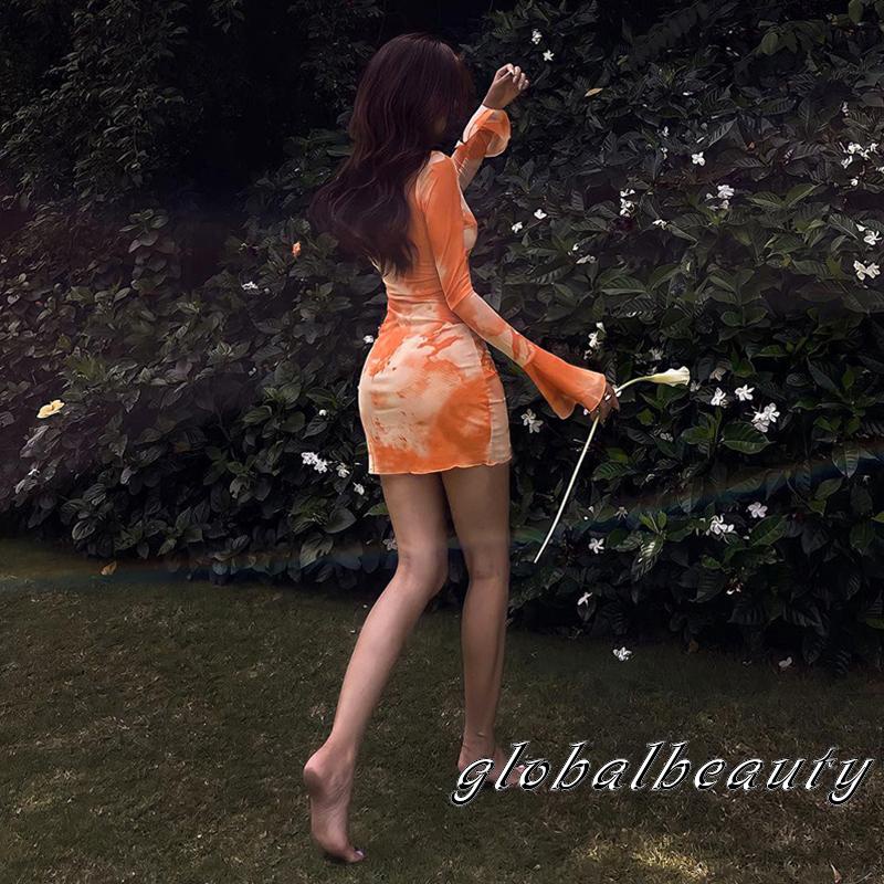 Đầm Tay Dài Cổ Chữ V Họa Tiết Màu Nhuộm Thời Trang Mùa Hè Cho Nữ