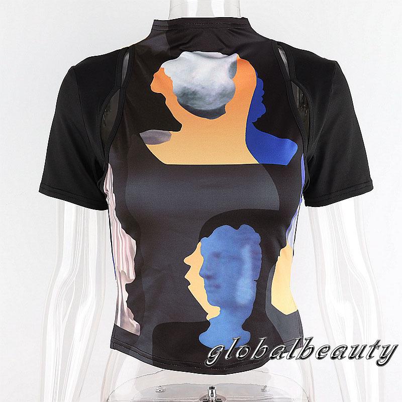 Áo Thun Tay Ngắn Cổ Giả Hai Lớp Dáng Ôm Họa Tiết Chân Dung Thời Trang Dành Cho Bạn Nữ