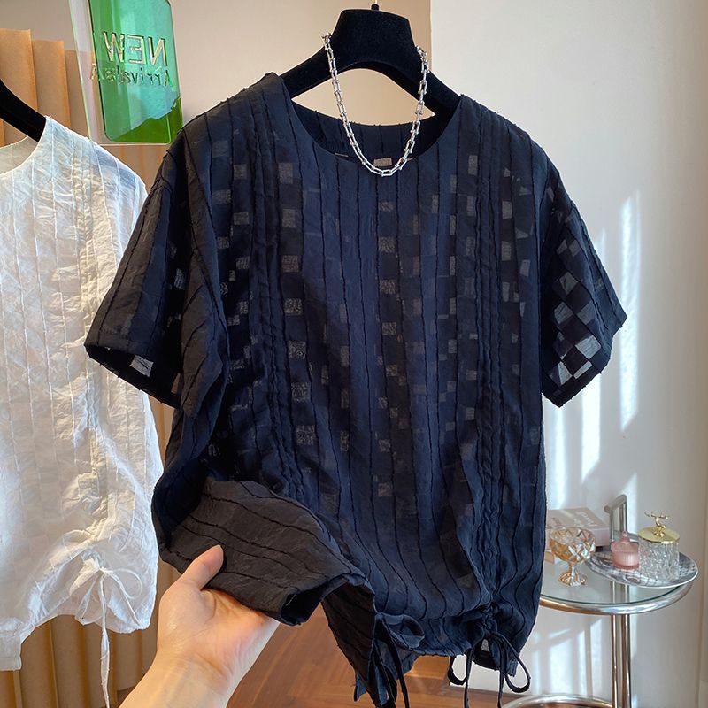 Áo Sơ Mi Chiffon Tay Ngắn Dáng Rộng Phối Dây Rút Phong Cách Phương Tây Thời Trang Mùa Hè Hàng Mới 2023