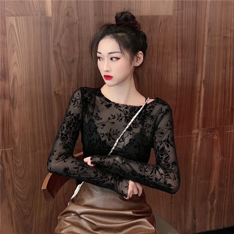 Áo lưới ren mỏng tay dài cổ tròn thời trang cho nữ MS154