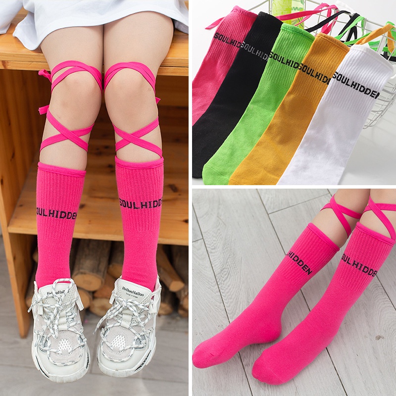 Vớ Cao Ngang Bắp Chân Cột Dây Màu Sắc Huỳnh Quang Thời Trang Xuân Hè Cho Bé Gái