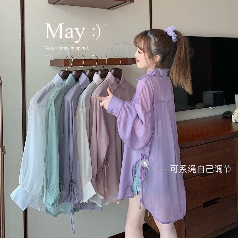 Áo Sơ Mi Tay Dài Chống Nắng Dáng Rộng Xẻ Tà Cột Dây Phong Cách Mới Cho Nữ @ -