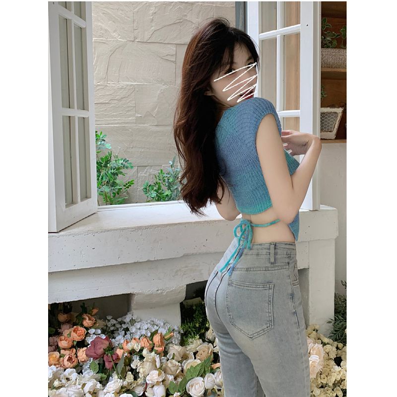 COZOK Áo Thun Dệt Kim Ngắn Tay Cổ Vuông Màu Sắc Tương Phản Thời Trang