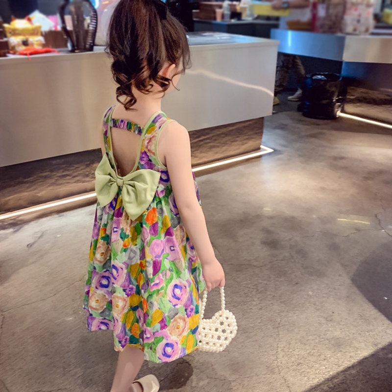 Đầm Sát Nách In Họa Tiết Tranh Sơn Dầu Đính Nơ Hở Lưng Kiểu Phương Tây Thời Trang Mùa Hè Cho Bé Gái