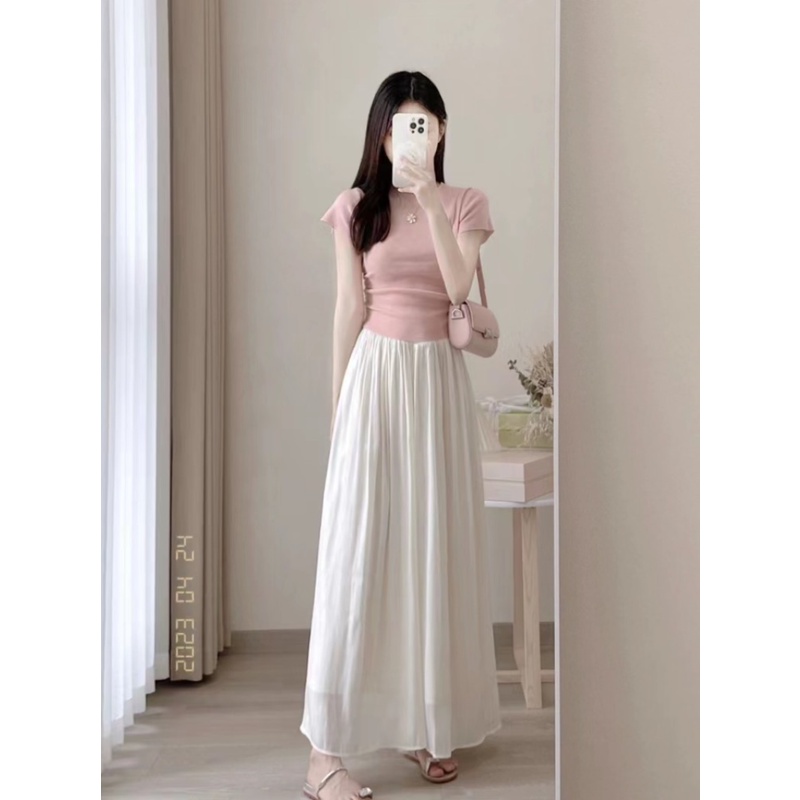 Set Áo Thun Ngắn Tay Và Chân Váy Màu Hồng Nhạt Thời Trang Mùa Hè Dành Cho Nữ