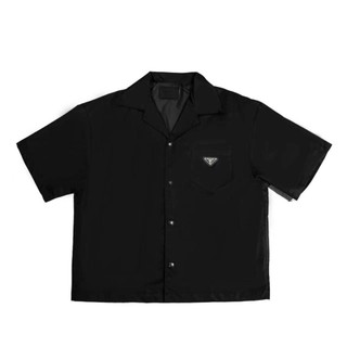 Prada men's and women's solid color short sleeve shirt nylon triangle badge design leisure style