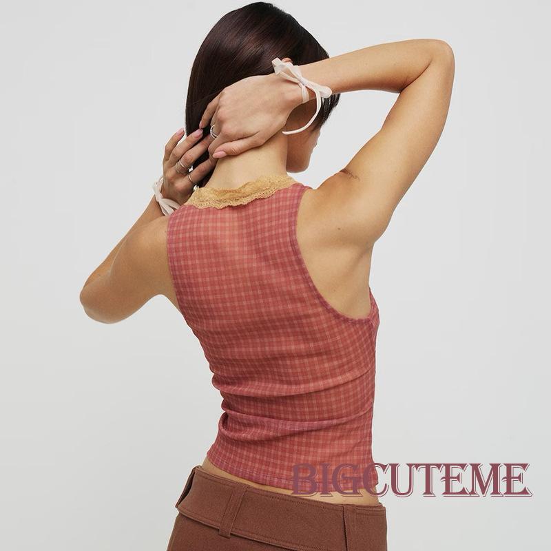 Áo Lửng Không Tay Cổ Chữ V Họa Tiết Caro Thời Trang Nữ