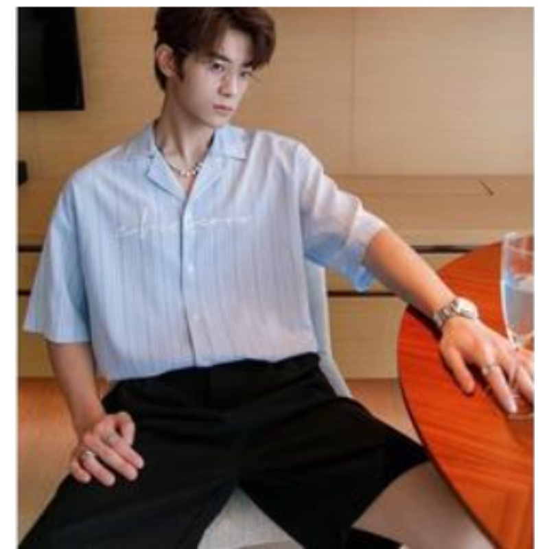 Áo Sơ Mi Ngắn Tay Dáng Rộng Họa Tiết Sọc Thời Trang Mùa Hè Nhật Bản Dành Cho Nam