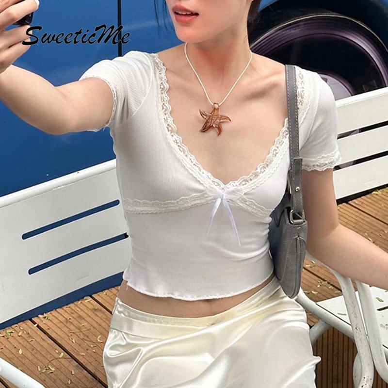 Áo Thun Tay Ngắn Cổ Chữ V Màu Trơn Phối Ren Thời Trang 2023 Cho Nữ