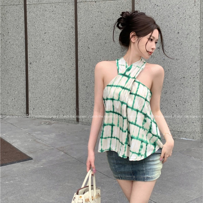 Áo Hai Dây Dáng Rộng Họa Tiết Sọc Caro Thời Trang Mùa Hè