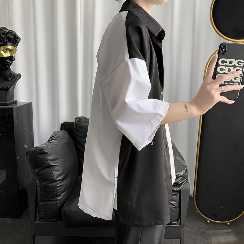 Áo Sơ Mi Tay Ngắn Dáng Rộng Vải Lụa Lạnh Cỡ Lớn Phối Màu Đen Trắng Cá Tính Cho Nam