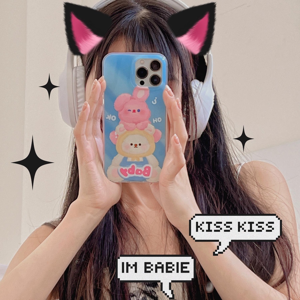 Ốp Điện Thoại Silicon TPU Mềm Trong Suốt Hai Mặt Hình Gấu Thỏ Chống Sốc Cho iPhone 14 13 12 11 Pro Max