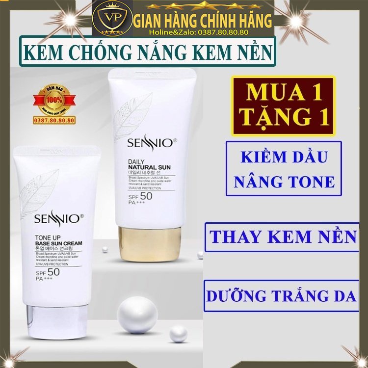 Kem chống nắng kiềm dầu nâng tone dưỡng trắng da cho da dầu mụn kiêm kem nền cao cấp chính hãng Sennio hàn quốc SPF50
