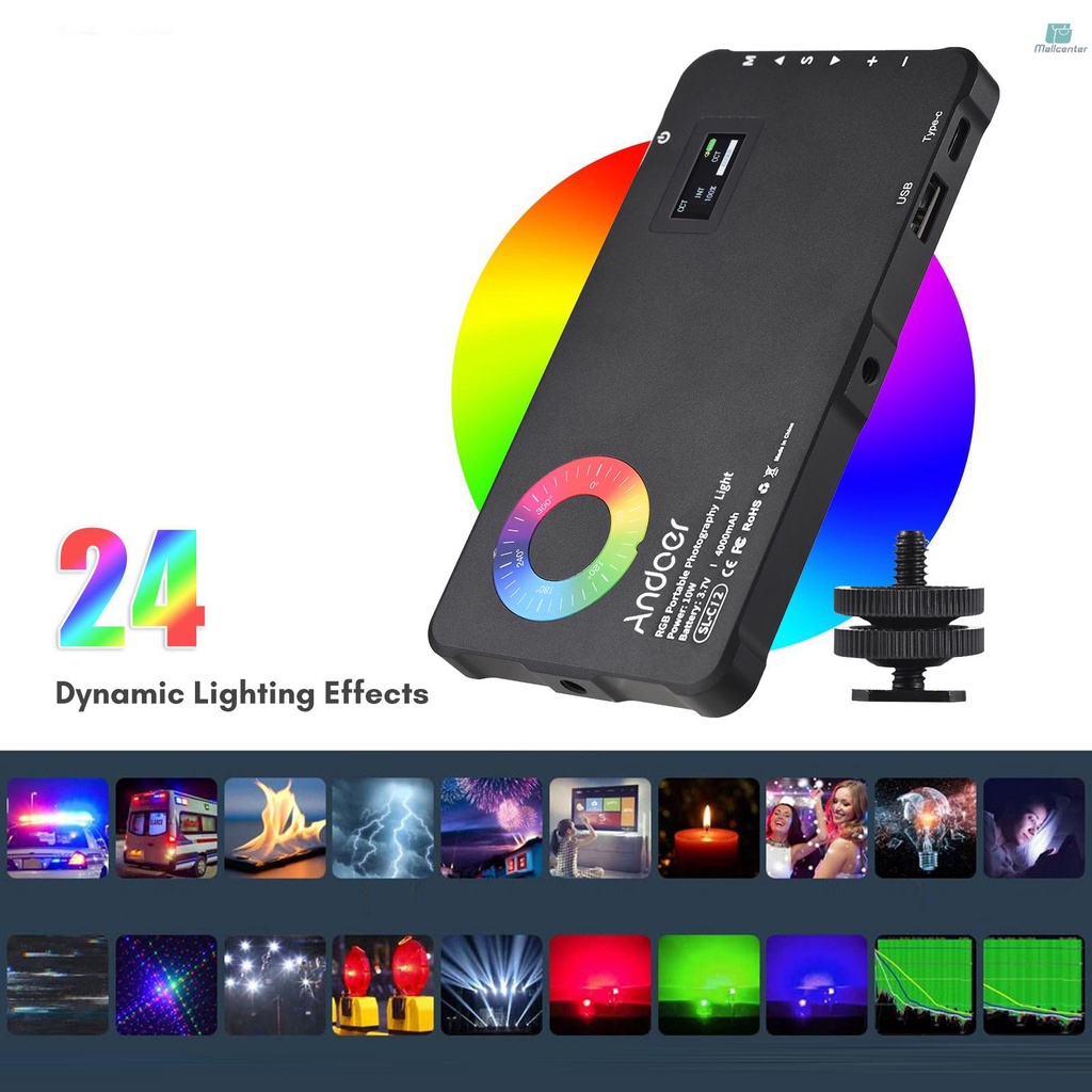 Andoer Pocket RGB Video Light LED Fill Light Panel 2500K-9000K Dimmable 24 Lighting Effects CRI95+ Built-in Battery with Cold Shoe Adapter for Vlog Live Streaming Video Conference Lighting Product Pho