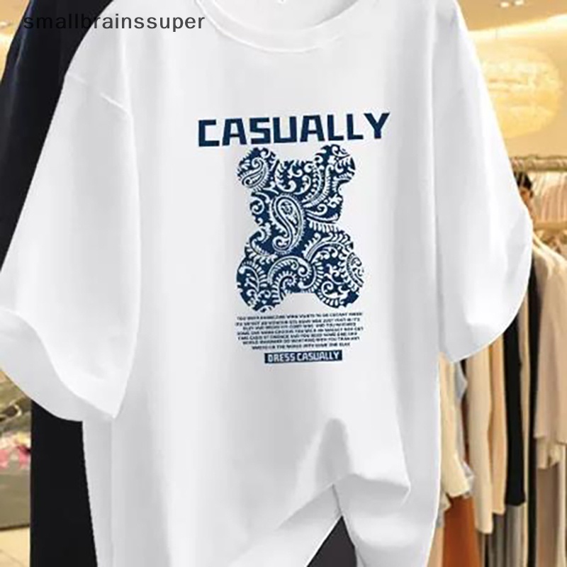 Áo Thun Ngắn Tay Cổ Tròn Dáng Rộng In Hình Gấu Hoạt Hình Thời Trang Mùa Hè Giản Dị Dành Cho Nữ SBS