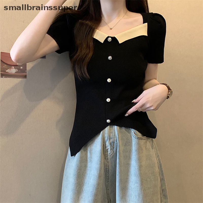 Áo Thun Dệt Kim Ngắn Tay Phồng Cổ Vuông Đính Nút Xẻ Tà Thời Trang Cho Nữ