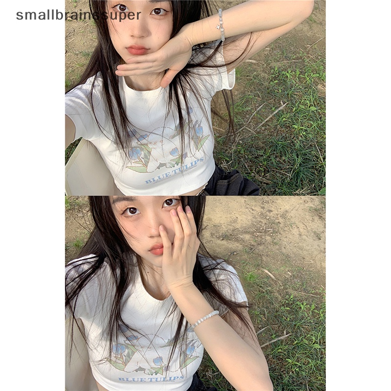 Áo Thun Crop Top Tay Ngắn Cổ Tròn In Họa Tiết Cừu Hoạt Hình Phong Cách Mỹ Thời Trang Mùa Hè Cho Nữ