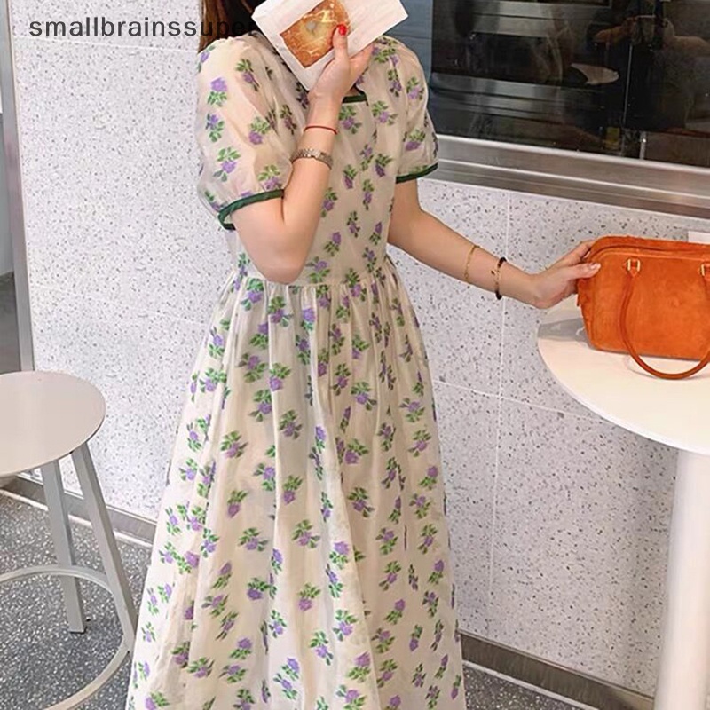 Đầm Dài Dáng Chữ A Tay Ngắn In Họa Tiết Hoa Phong Cách Vintage Hàn Quốc Thời Trang Mùa Hè Cho Nữ