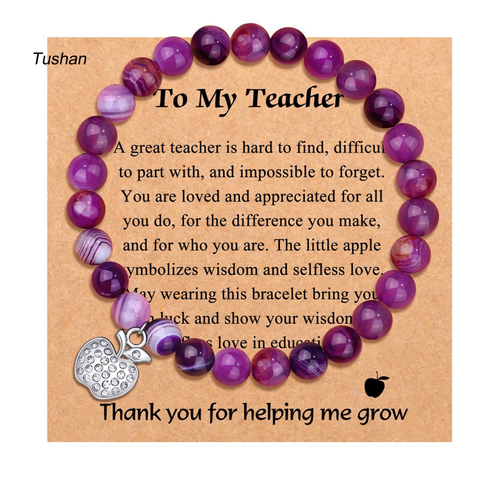 [Ts] Vòng Tay Chuỗi Hạt Đá Tự Nhiên Có Thẻ Chữ Thank You Màu Bạc Mặt Trái Cây Làm Quà Tặng Ngày Nhà Giáo Cho Nữ
