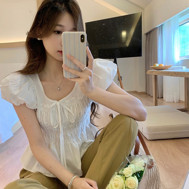 SUXI Áo Kiểu Tay Phồng Ngắn Màu Sắc Ngọt Ngào Phong Cách Hàn Quốc Thời Trang Mùa Hè Cho Nữ