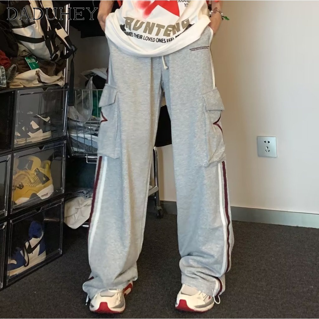 DaDuHey Men's and Women's 2023 American Retro Loose Straight Sweatpants Fashion Striped Vibe Style Casual Pants Jogger Pants