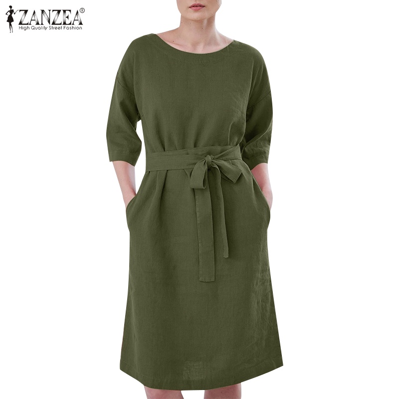 Đầm Nữ Tay Lửng Cổ Tròn Màu Trơn Phong Cách Vintage ZANZEA