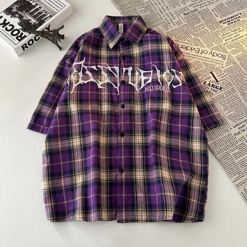 Áo Sơ Mi Ngắn Tay Họa Tiết Ca Rô Thêu Chữ Phong Cách Retro Dành Cho Nam