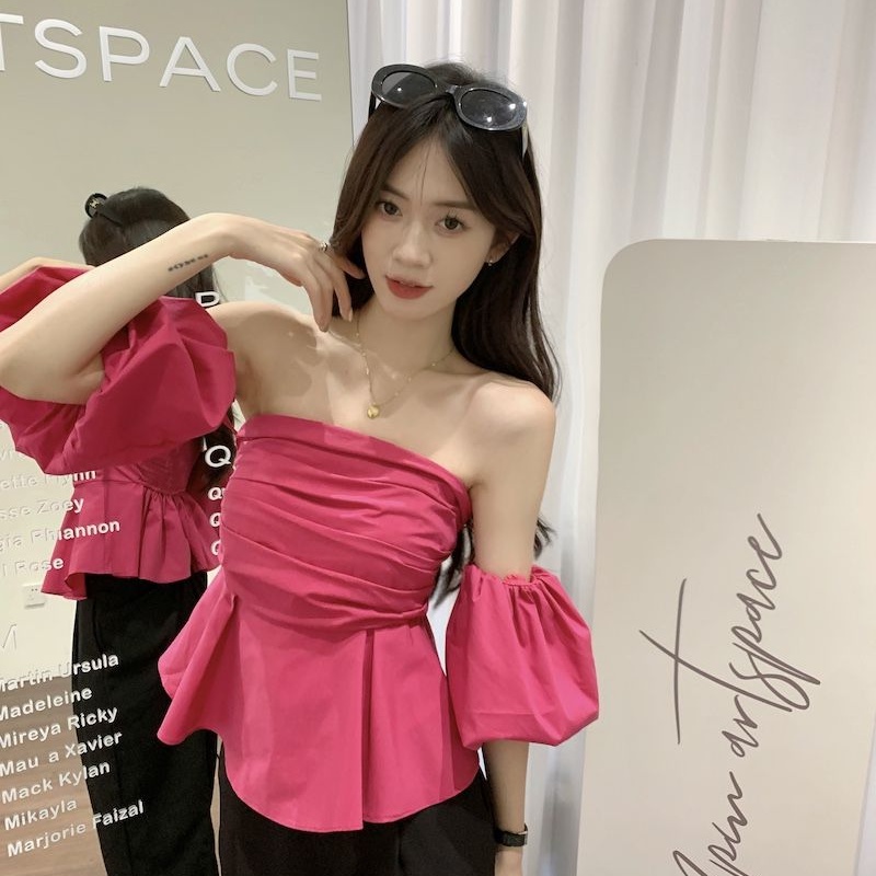 Cozok Áo Sơ Mi Tay Phồng Ngắn Xếp Ly Một Bên Vai Ôm Dáng Kiểu Vintage