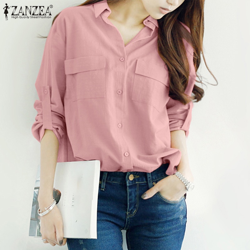 ZANZEA Áo Sơ Mi Nữ Tay Dài Cổ Bẻ Thời Trang Hàn Quốc