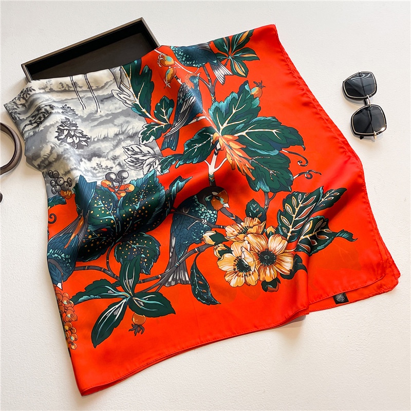 Khăn Choàng Vuông Cỡ Lớn 110cm Bằng Satin Họa Tiết Hoa Và Chim Thời Trang Mùa Hè