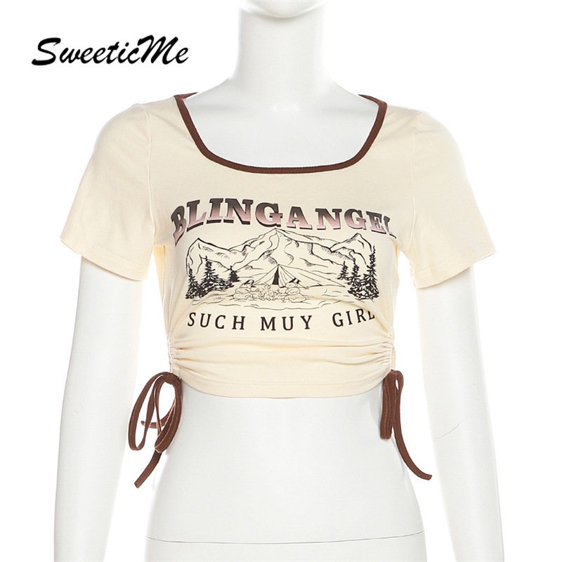 Áo Thun Crop Top Cổ Vuông Tay Ngắn Dáng Ôm In Họa Tiết Thời Trang 2023 Cho Bạn Gái