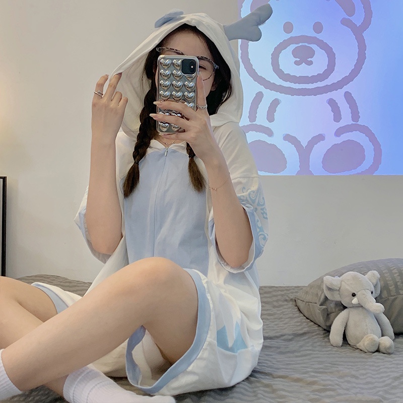 Bộ Đồ Ngủ Cotton Tay Ngắn In Hình Rồng Dễ Thương Phong Cách Nhật Bản Cho Nữ