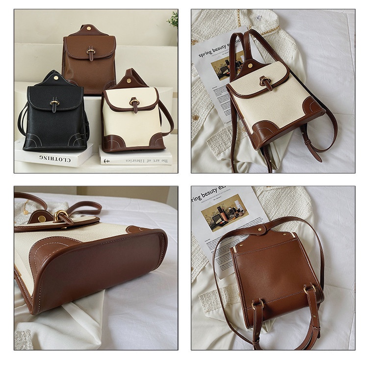 Ba Lô Mini Bằng Da Pu Màu Tương Phản Phong Cách Hàn Quốc Cho Nữ