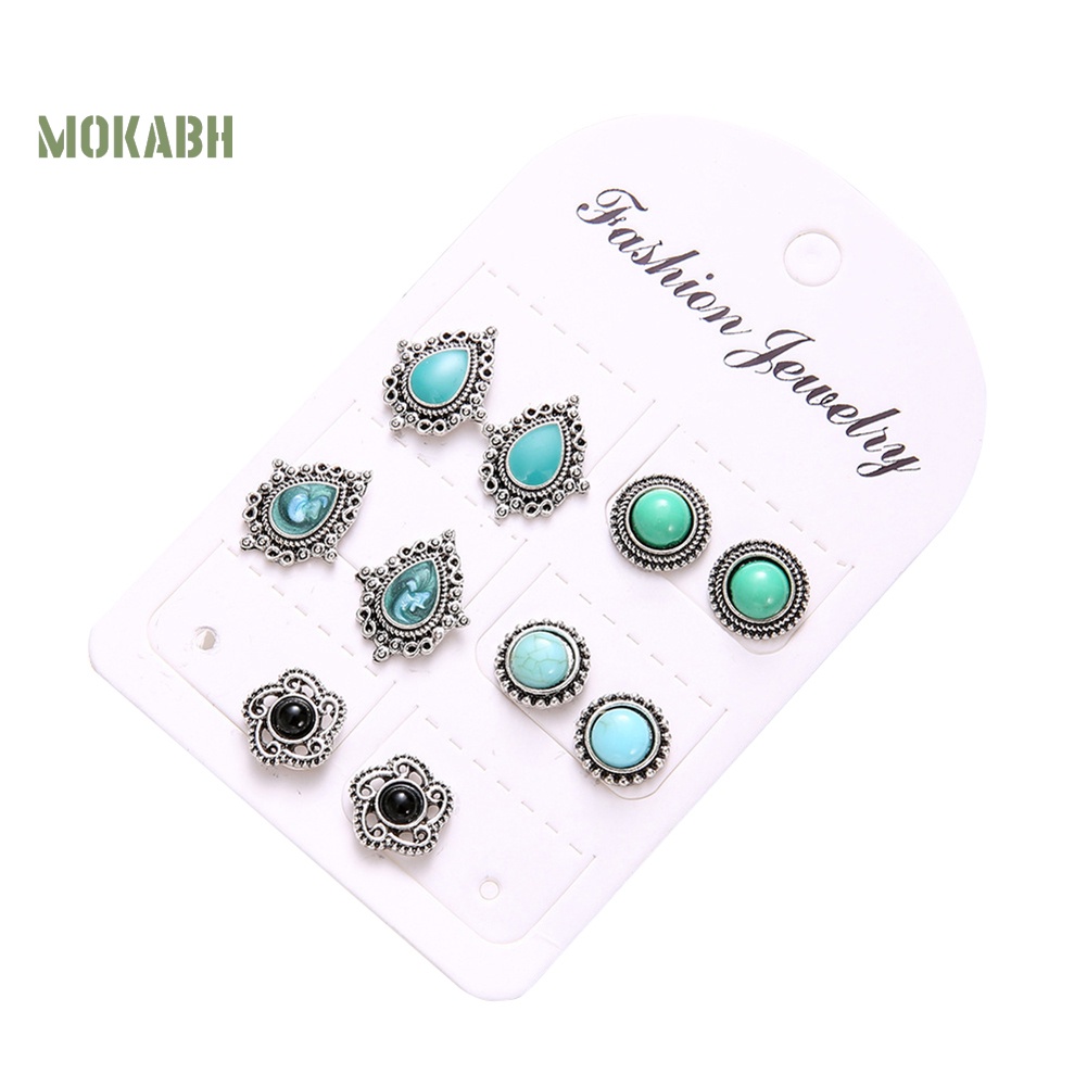 Set 5 Đôi Bông Tai Xỏ Lỗ Đính Đá Ngọc Lam Giả Phong Cách Bohemia Thời Trang