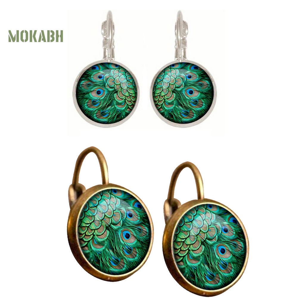 1 Đôi Bông Tai Mặt Kính Cabochon Hình Chim Công 2 Màu Phong Cách Vintage