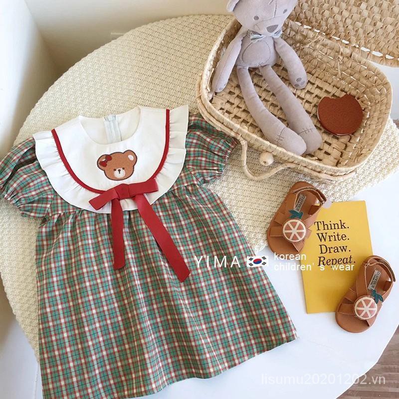 Đầm Công Chúa Tay Ngắn Cổ Búp Bê Kẻ Sọc Caro Dễ Thương Phong Cách Hàn Quốc Cho Bé Gái