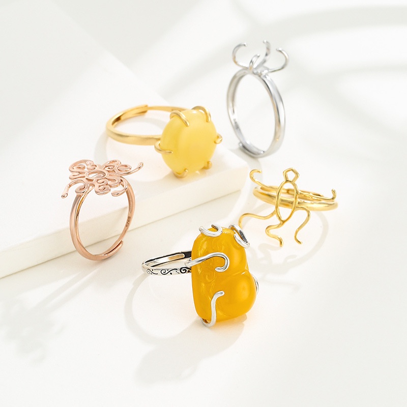 Giá Đỡ Nhẫn Mạ Vàng 18k / Bạc 925 Đính Đá Hổ Phách / Ngọc Lam Sang Trọng Thời Trang Cho Nữ