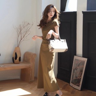 Đầm Dài Xếp Ly Tay Ngắn Cổ Tròn Dáng Ôm Phong Cách Pháp Thời Trang Mùa Hè Cho Nữ