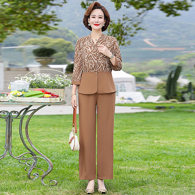 Bộ Áo Thun Tay Lửng Phối Voan + Quần Dài Thời Trang Mùa Hè Cho Phụ Nữ Trung Niên