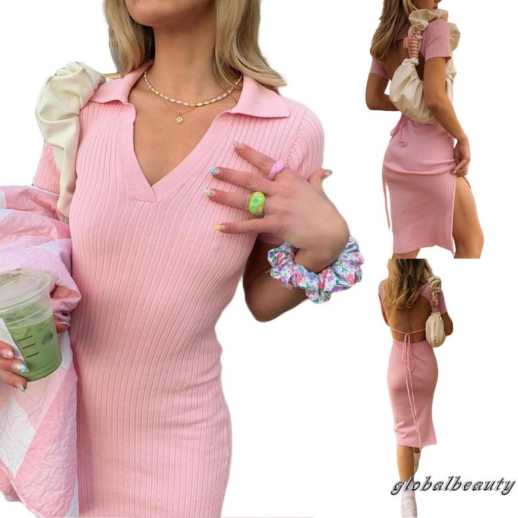 Gb-đầm Nữ Ngắn Tay Hở Lưng Một Mảnh Màu Hồng Trơn Xẻ Tà Ôm Dáng