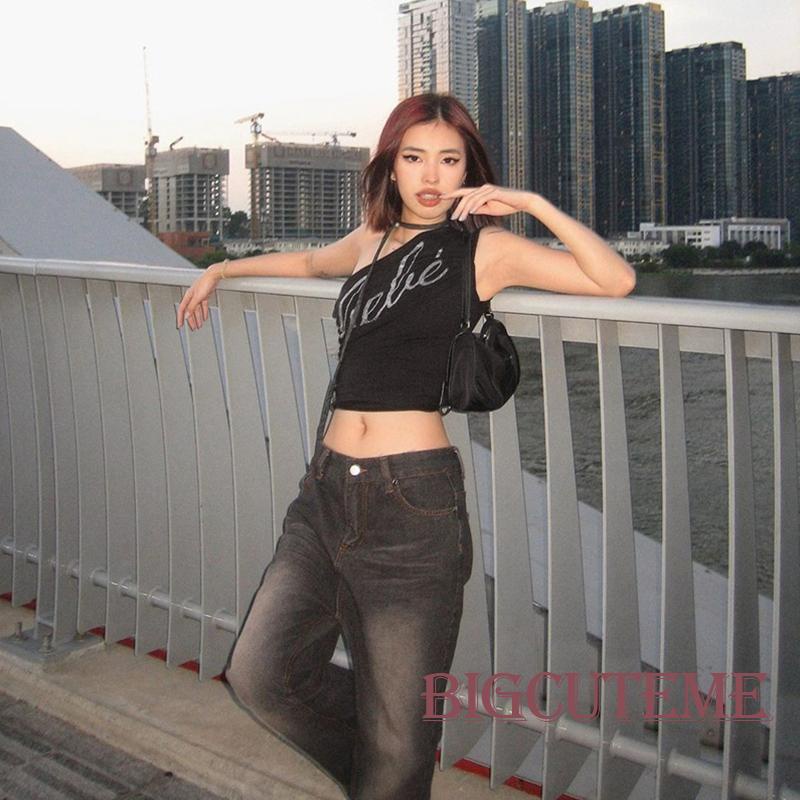 Áo Croptop Sát Nách Ôm Dáng In Chữ Đính Đá Thời Trang Mùa Hè Cho Nữ