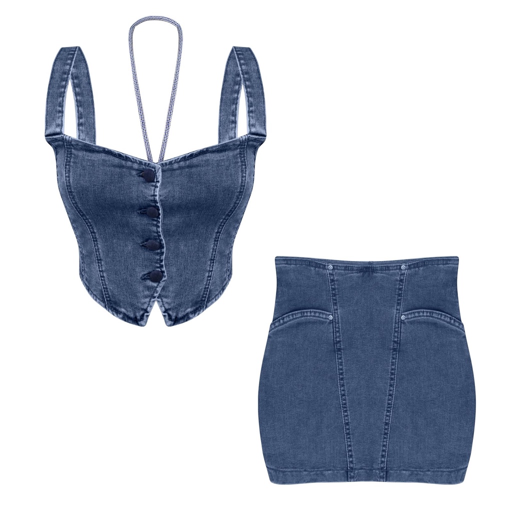 Bộ Áo Hai Dây Phối Chân Váy Denim Chữ a Lưng Cao Thời Trang Mùa Hè Cho Bạn Gái