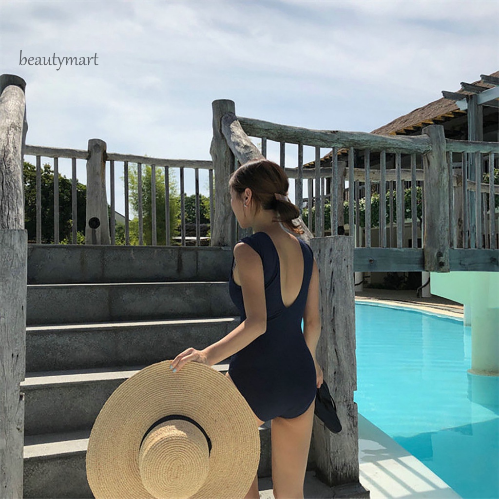 Bộ Đồ Bơi Một Mảnh Cổ Tròn Không Tay Hở Lưng Nhanh Khô Màu Sắc Trơn Phong Cách Vintage Dành Cho Nữ
