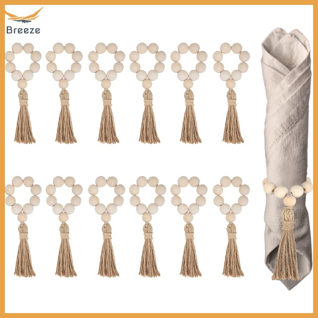 Set 12 Vòng Giữ Khăn Ăn Bằng Hạt Gỗ Tự Nhiên Kèm Tua Rua Để Bàn Trang Trí Nhà Cửa / Tiệc Cưới / Giáng