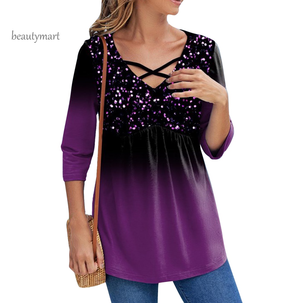 Beautymartm1 Áo Thun Polyester Chui Đầu In Màu Gradient Bắt Mắt Dễ Phối Đồ Cho Nữ