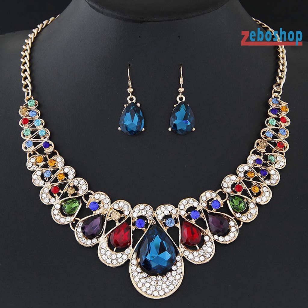 Set 2 Vòng cổ / Bông Tai Hình Giọt Nước Đính Đá Giả Nhiều Màu Thời Trang