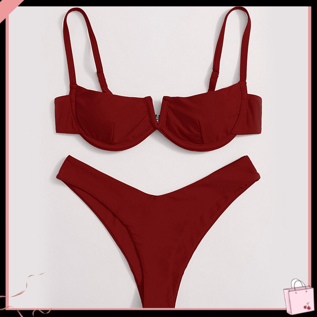 Bộ Bikini 2 Mảnh Có Mút Nâng Ngực Màu Sắc Trơn Hình Chữ V Dành Cho Nữ